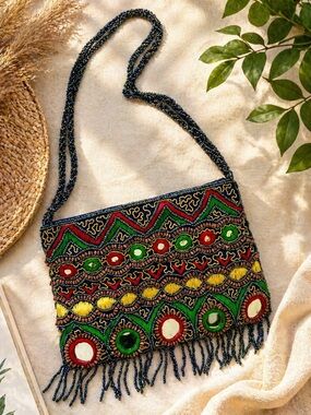 Vintage Beaded Mirror Crossbody Bag Boho Festival Fringe Embroidered Purse
